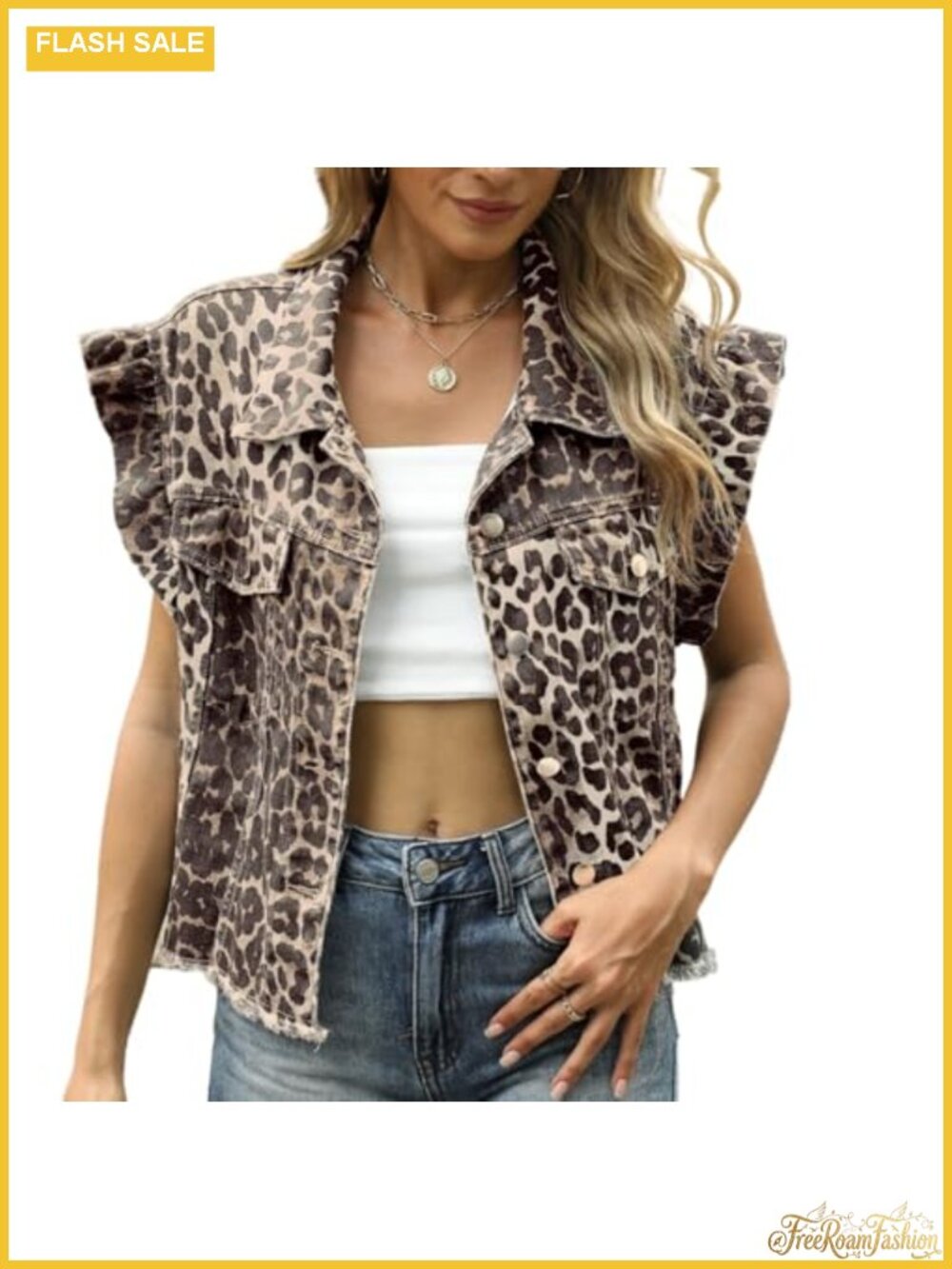 Vintage Y2K Women's Denim Jean Vest Crop Top Ruffle Sleeve Collared Button Down
